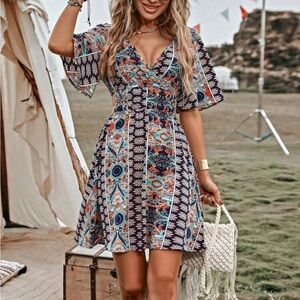 SHEIN Navy Multicolor Boho Floral & Geo Wrap Midi Dress